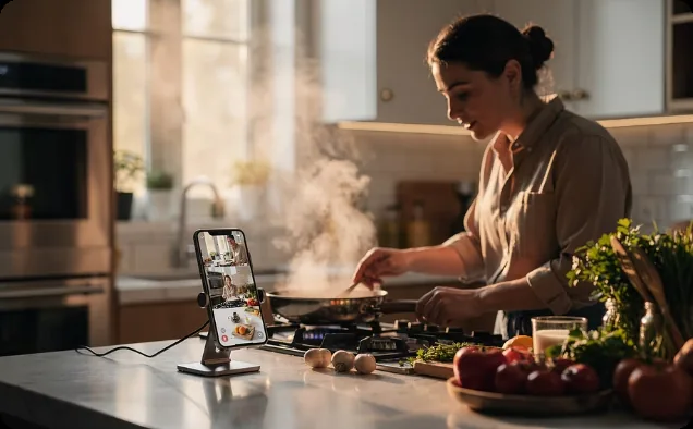 A cooking session with a phone on a tripod providing iRobin guidance.