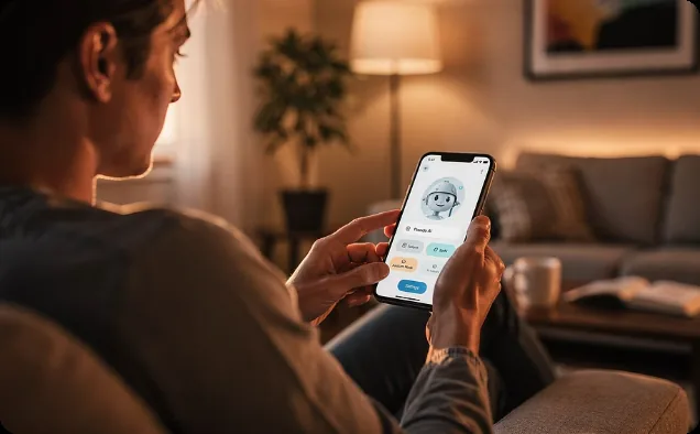 A user holding a phone with an AI companion interface.